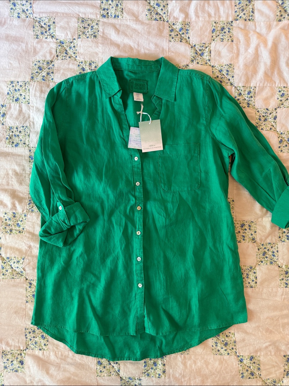 Sigrid Olsen Bright Green Button-Down Linen Shirt